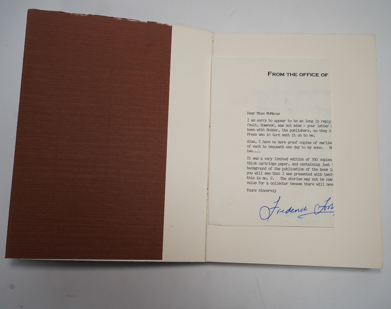 Forsyth, Frederick - No Comebacks and other stories, one of 12 additional copies printed for the personal use of the author, over and above the edition limited to 350 copies, all printed on Michelangelo paper, with autho